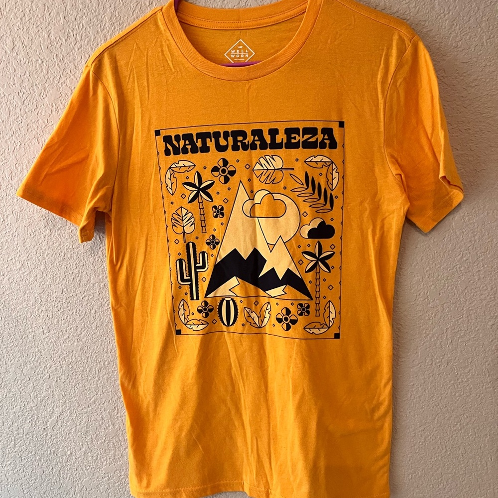 Well Worn brand orange shirt sleeve tee with graphic design